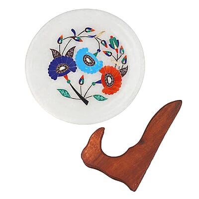 NAKKASHI Marble Light Blue Floral Inlaid Table Decor with Wooden Stand