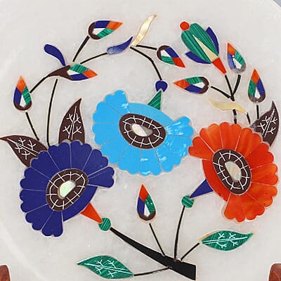 NAKKASHI Marble Light Blue Floral Inlaid Table Decor with Wooden Stand