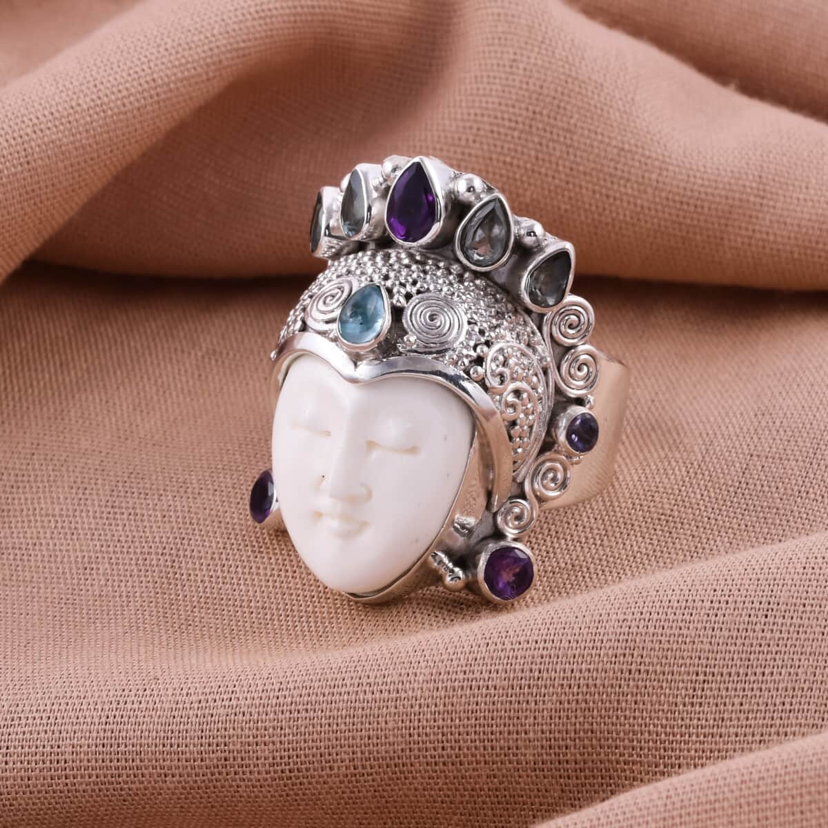 Sajen Silver Carved Bone and Multi Gemstone Ring in Sterling Silver (Size 7.0) 12.85 Grams 1.90 ctw image number 1