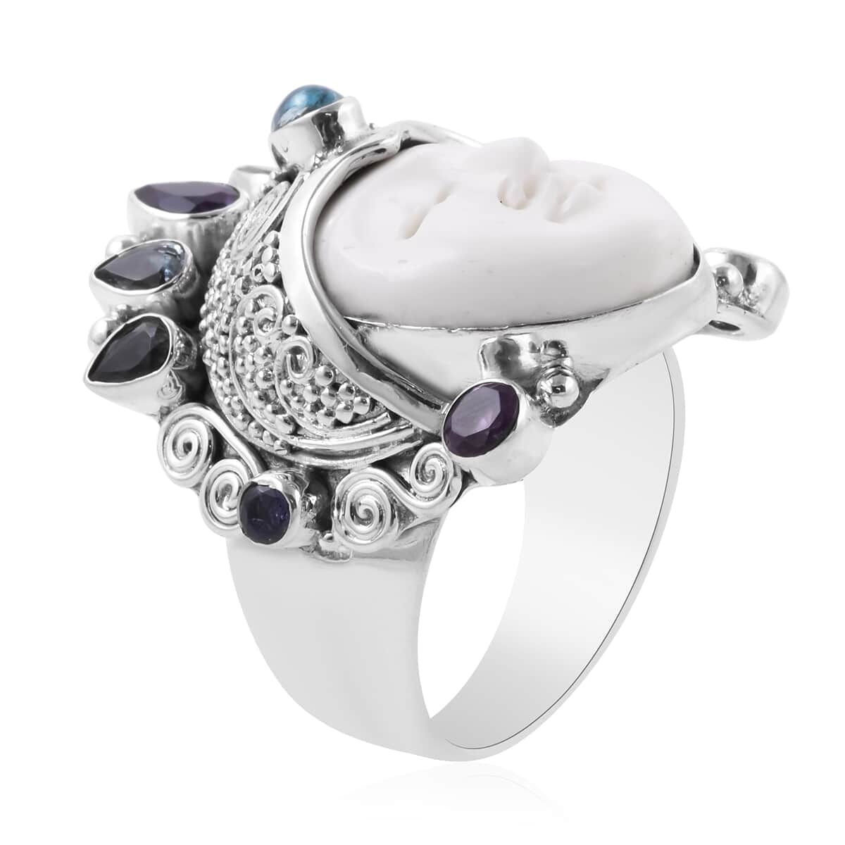 Sajen Silver Carved Bone and Multi Gemstone Ring in Sterling Silver (Size 7.0) 12.85 Grams 1.90 ctw image number 3