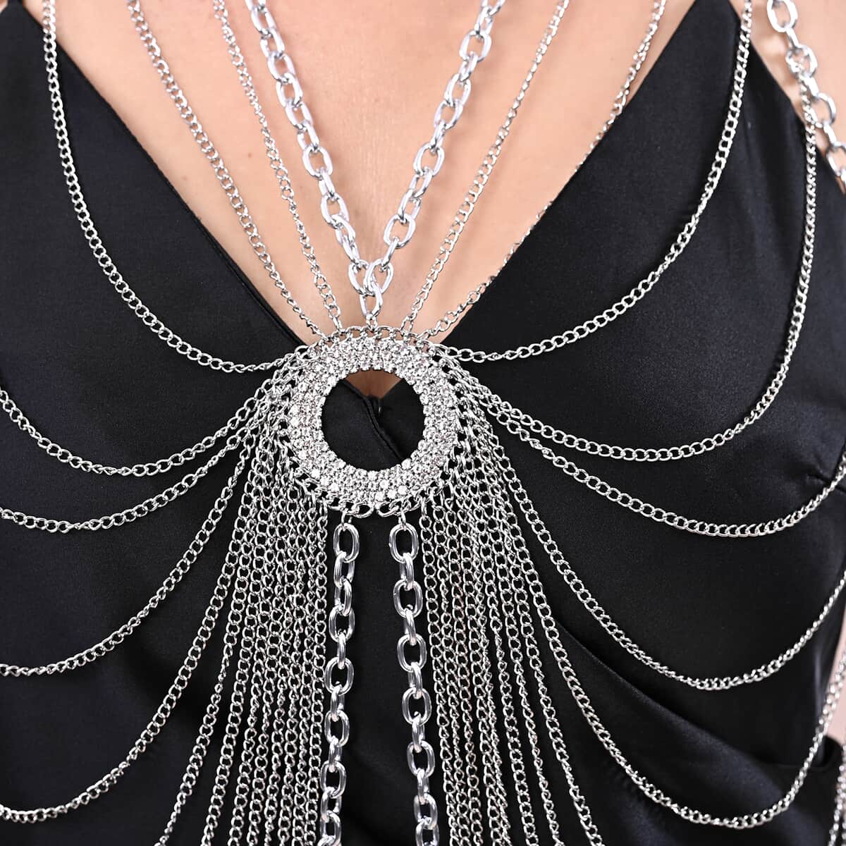 White Austrian Crystal Multi Strand Beaded Body Chain 22-24 Inches in Silvertone image number 2