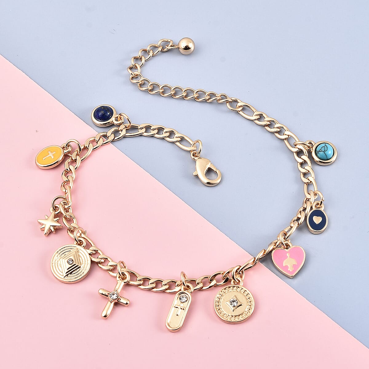 Blue Howlite, Lapis Lazuli, Austrian Crystal, Enameled Adjustable Bracelet with Religious Charms in Goldtone image number 1