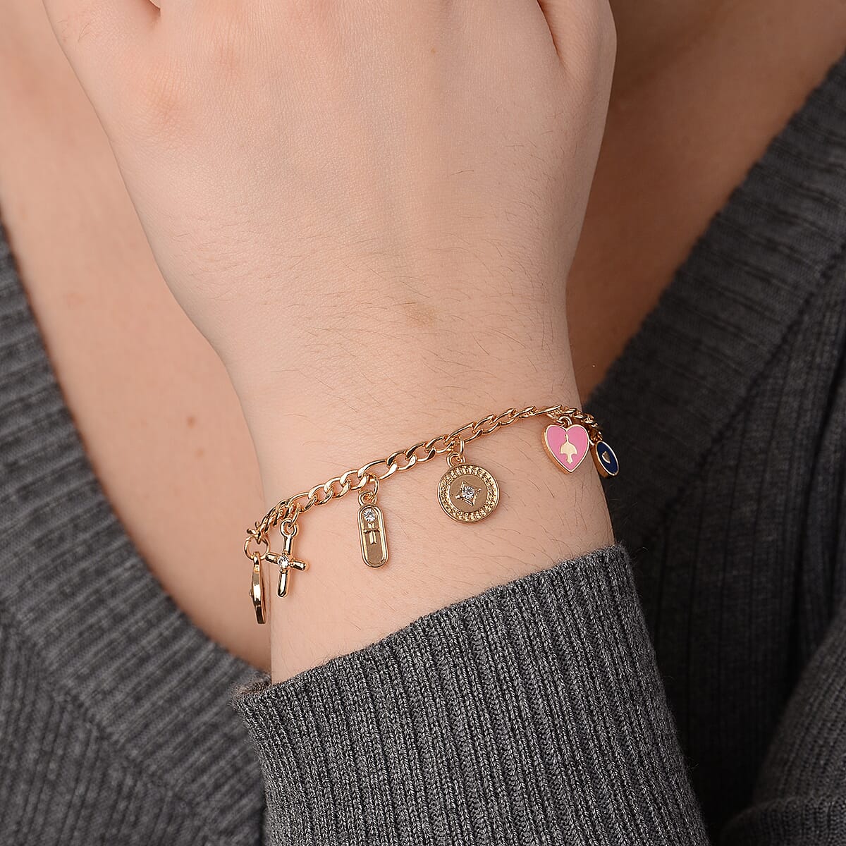 Blue Howlite, Lapis Lazuli, Austrian Crystal, Enameled Adjustable Bracelet with Religious Charms in Goldtone image number 2