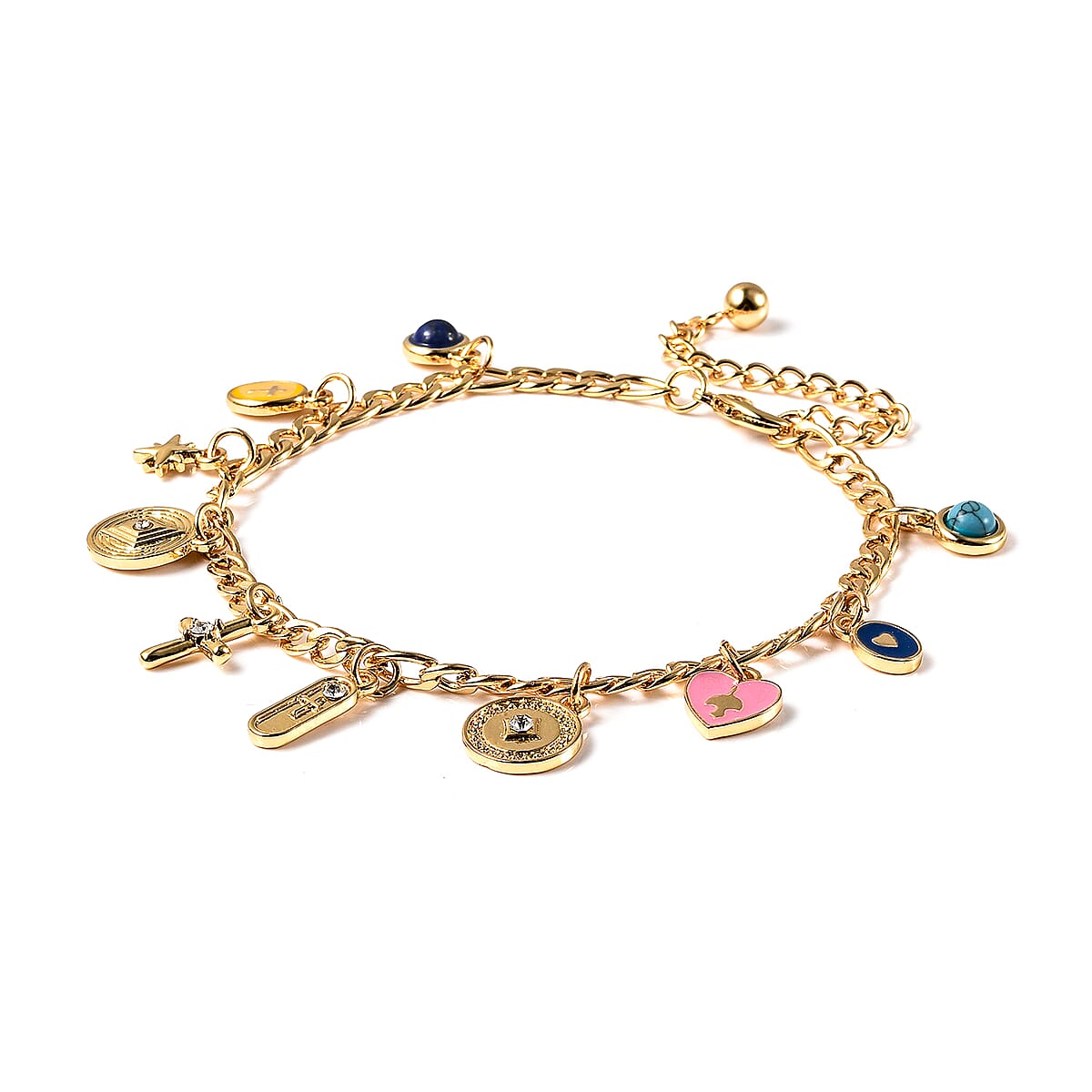 Blue Howlite, Lapis Lazuli, Austrian Crystal, Enameled Adjustable Bracelet with Religious Charms in Goldtone image number 3