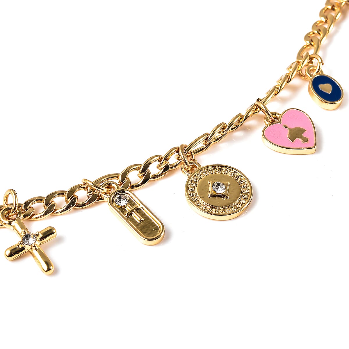 Blue Howlite, Lapis Lazuli, Austrian Crystal, Enameled Adjustable Bracelet with Religious Charms in Goldtone image number 4