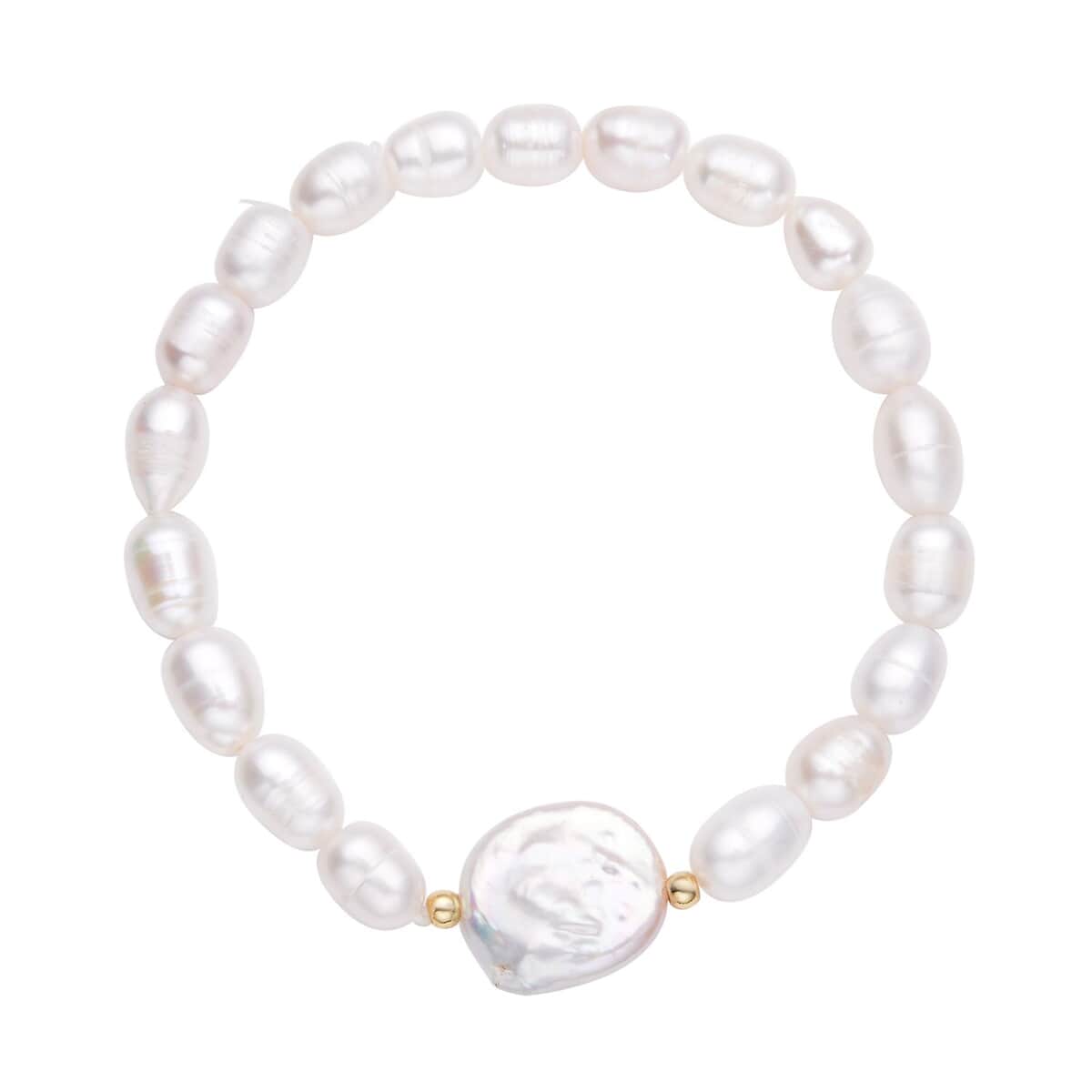 White Coin Keshi Pearl and White Freshwater Cultured Pearl Stretch Bracelet in Sterling Silver image number 0