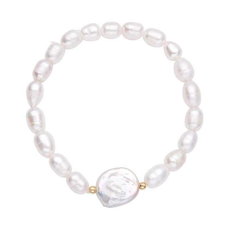 White Coin Keshi Pearl and White Freshwater Cultured Pearl Stretch Bracelet in Sterling Silver
