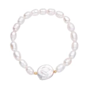 White Coin Keshi Pearl and White Freshwater Cultured Pearl Stretch Bracelet in Sterling Silver