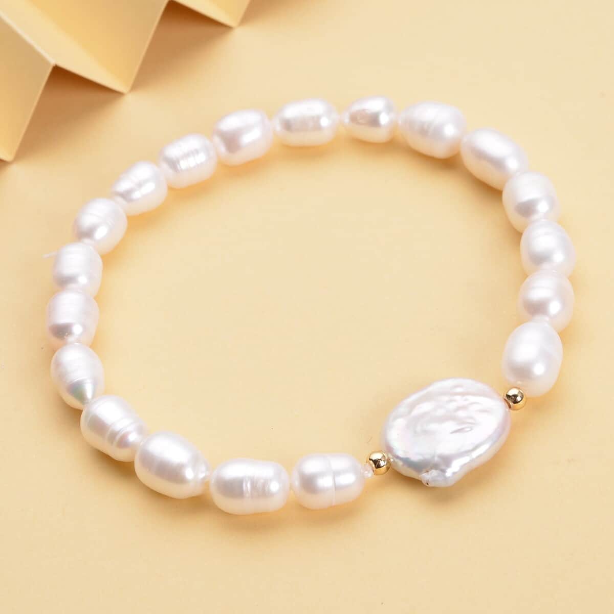 White Coin Keshi Pearl and White Freshwater Cultured Pearl Stretch Bracelet in Sterling Silver image number 1