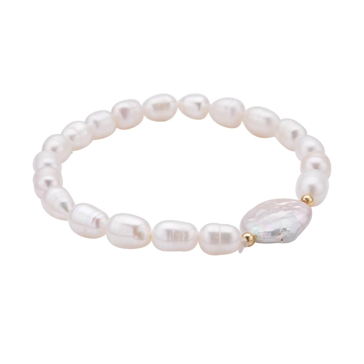 White Coin Keshi Pearl and White Freshwater Cultured Pearl Stretch Bracelet in Sterling Silver image number 2