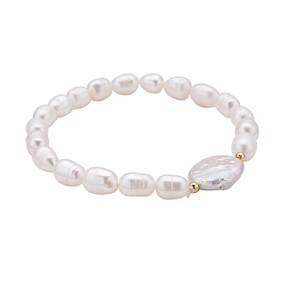 White Coin Keshi Pearl and White Freshwater Cultured Pearl Stretch Bracelet in Sterling Silver