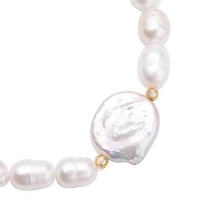 White Coin Keshi Pearl and White Freshwater Cultured Pearl Stretch Bracelet in Sterling Silver