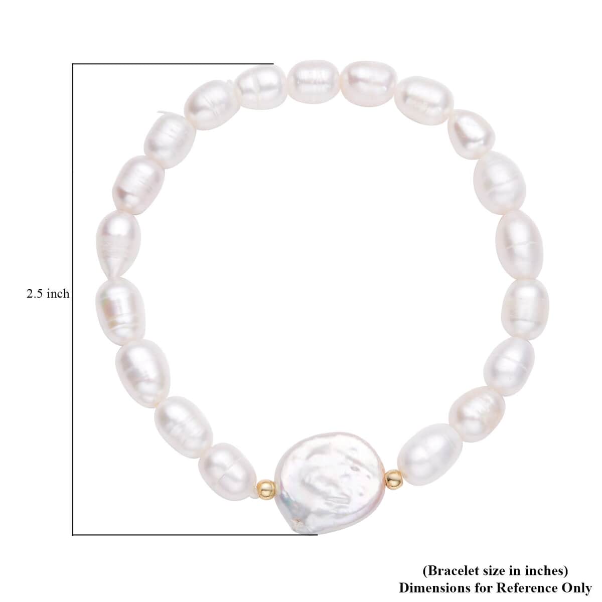 White Coin Keshi Pearl and White Freshwater Cultured Pearl Stretch Bracelet in Sterling Silver image number 4