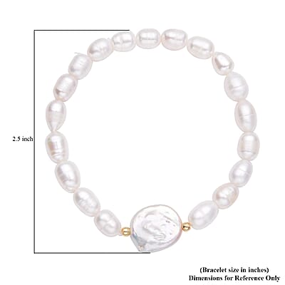White Coin Keshi Pearl and White Freshwater Cultured Pearl Stretch Bracelet in Sterling Silver