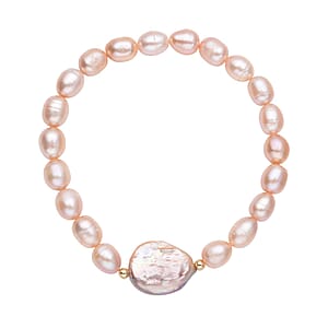 Purple Coin Keshi Pearl and Peach Freshwater Cultured Pearl Stretch Bracelet in Sterling Silver