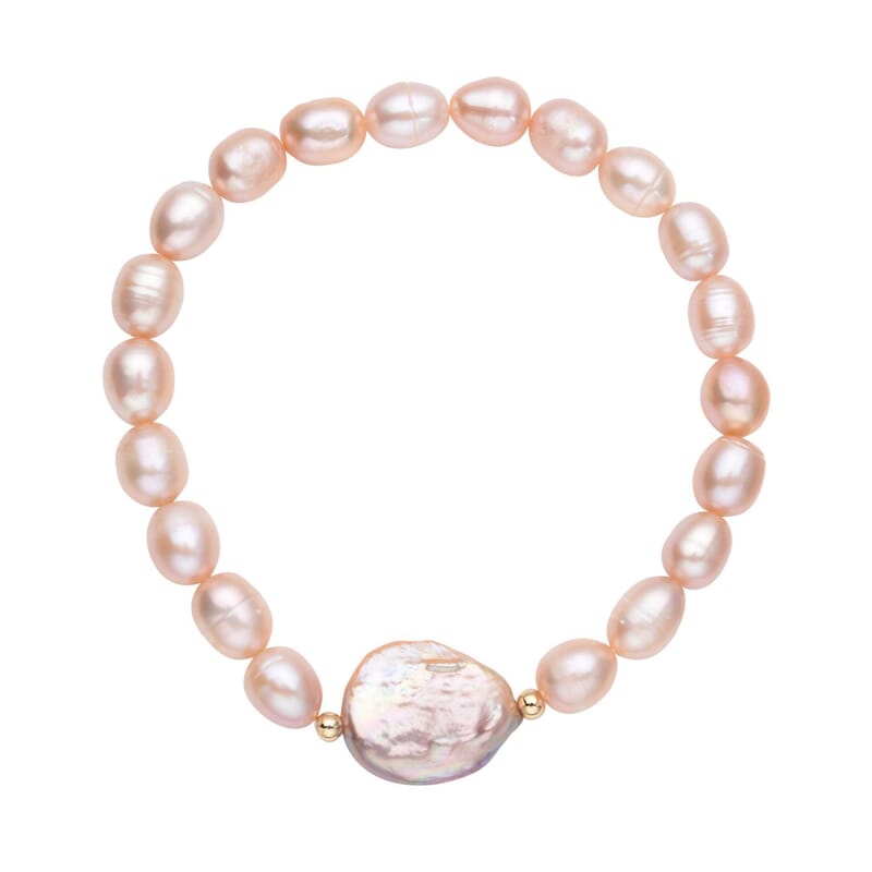 Purple Coin Keshi Pearl and Peach Freshwater Cultured Pearl Stretch Bracelet in Sterling Silver