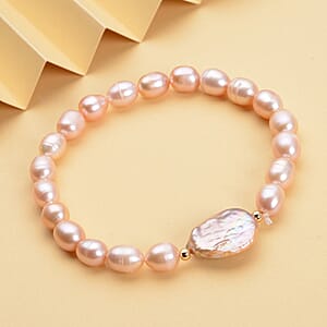 Purple Coin Keshi Pearl and Peach Freshwater Cultured Pearl Stretch Bracelet in Sterling Silver