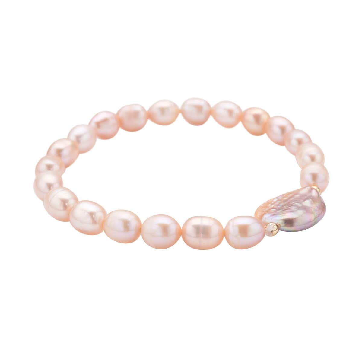 Purple Coin Keshi Pearl and Peach Freshwater Cultured Pearl Stretch Bracelet in Sterling Silver image number 2