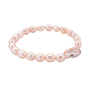 Purple Coin Keshi Pearl and Peach Freshwater Cultured Pearl Stretch Bracelet in Sterling Silver