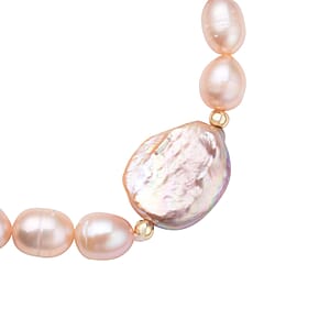 Purple Coin Keshi Pearl and Peach Freshwater Cultured Pearl Stretch Bracelet in Sterling Silver