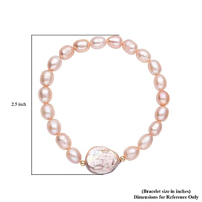 Purple Coin Keshi Pearl and Peach Freshwater Cultured Pearl Stretch Bracelet in Sterling Silver