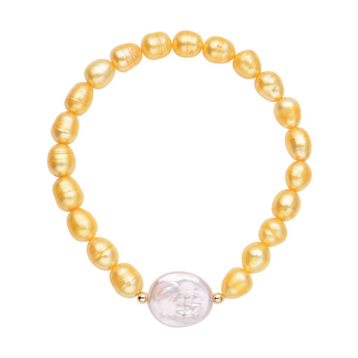 White Coin Keshi Pearl and Golden Freshwater Cultured Pearl Stretch Bracelet in Sterling Silver image number 0