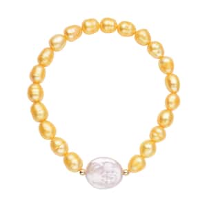 White Coin Keshi Pearl and Golden Freshwater Cultured Pearl Stretch Bracelet in Sterling Silver