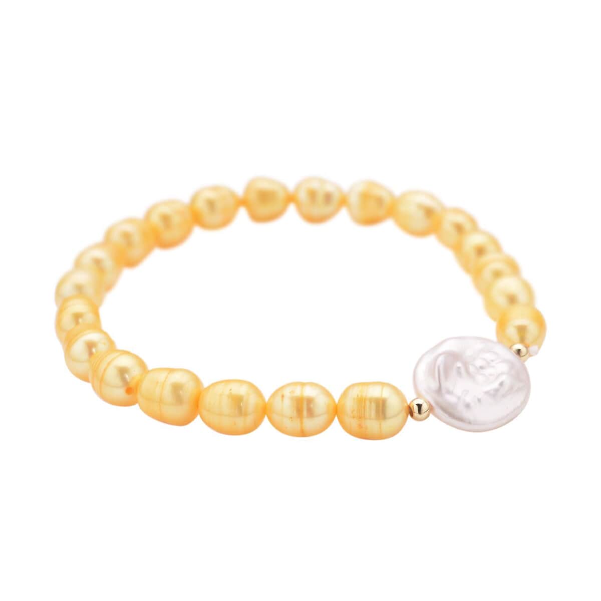 White Coin Keshi Pearl and Golden Freshwater Cultured Pearl Stretch Bracelet in Sterling Silver image number 2