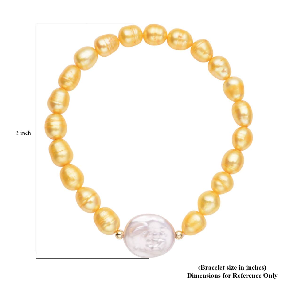 White Coin Keshi Pearl and Golden Freshwater Cultured Pearl Stretch Bracelet in Sterling Silver image number 4