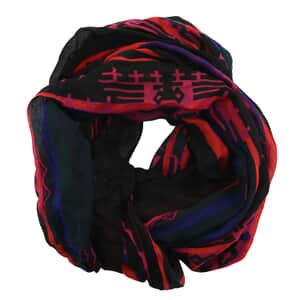 Black Southwestern Print Lightweight Oblong Scarf with Raw Fringe