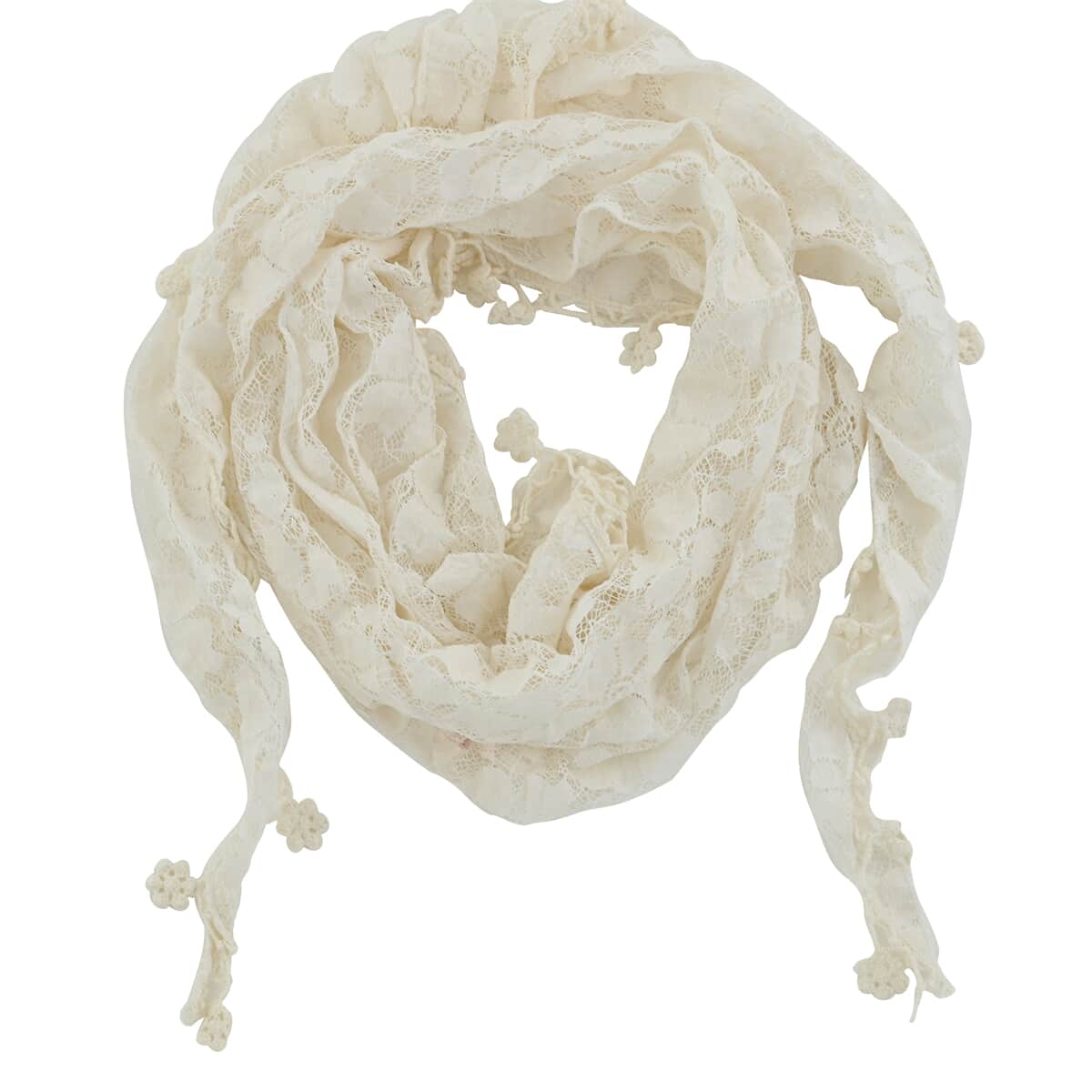 Cream Floral Lace Triangle Scarf with Floral Trim Fringe image number 0