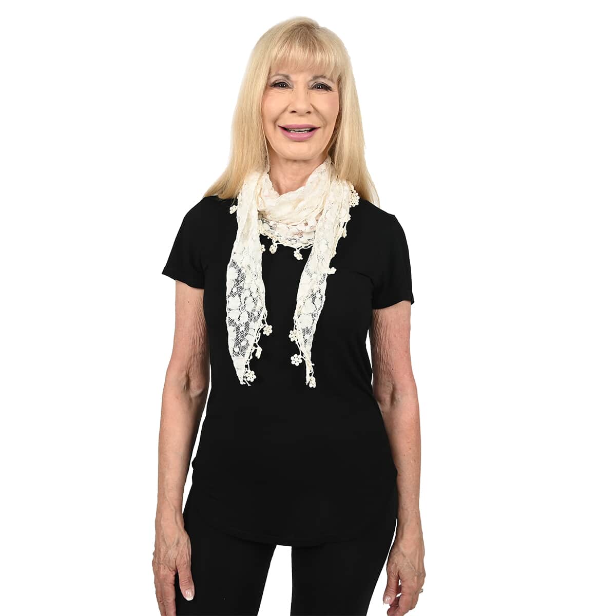 Cream Floral Lace Triangle Scarf with Floral Trim Fringe image number 2