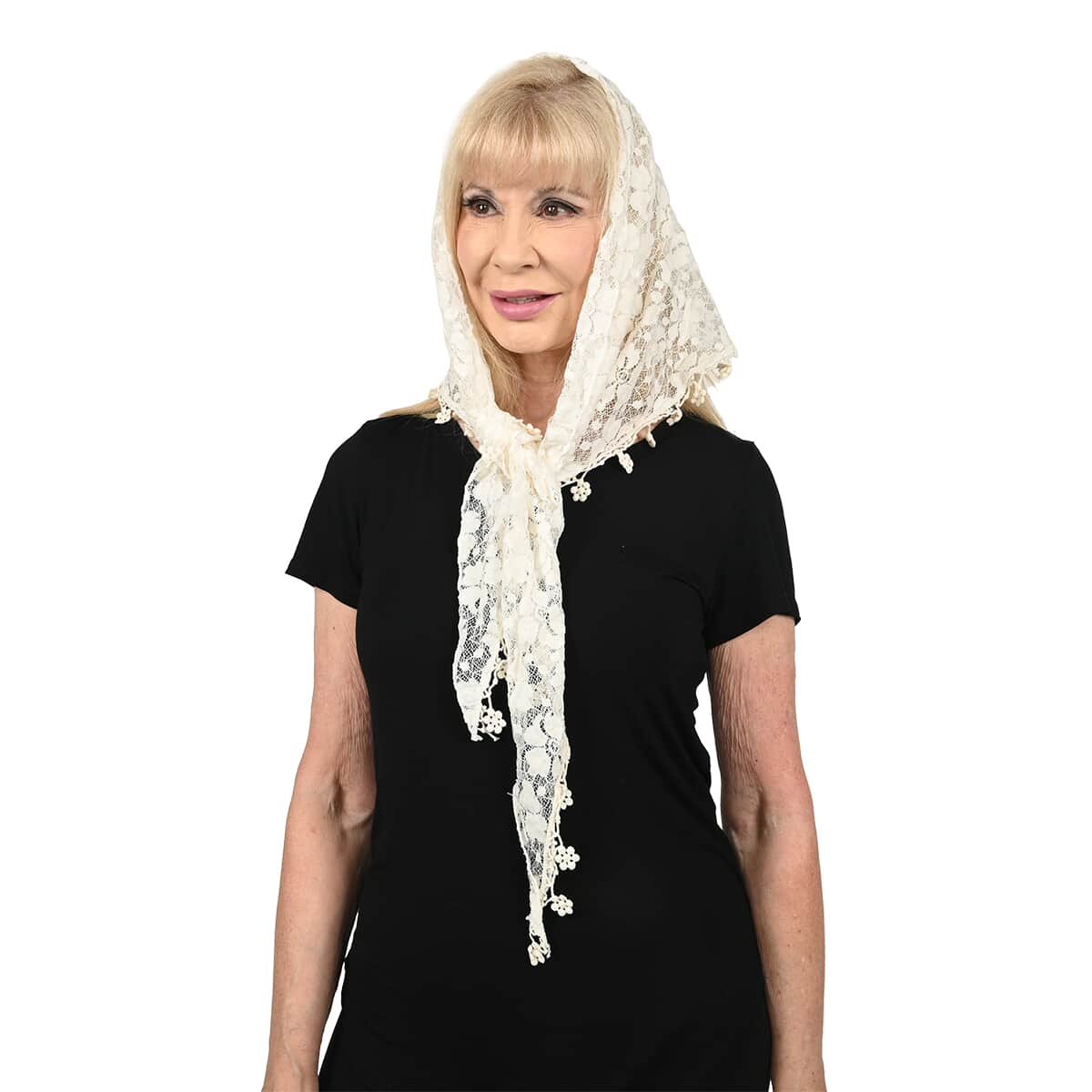 Cream Floral Lace Triangle Scarf with Floral Trim Fringe image number 3
