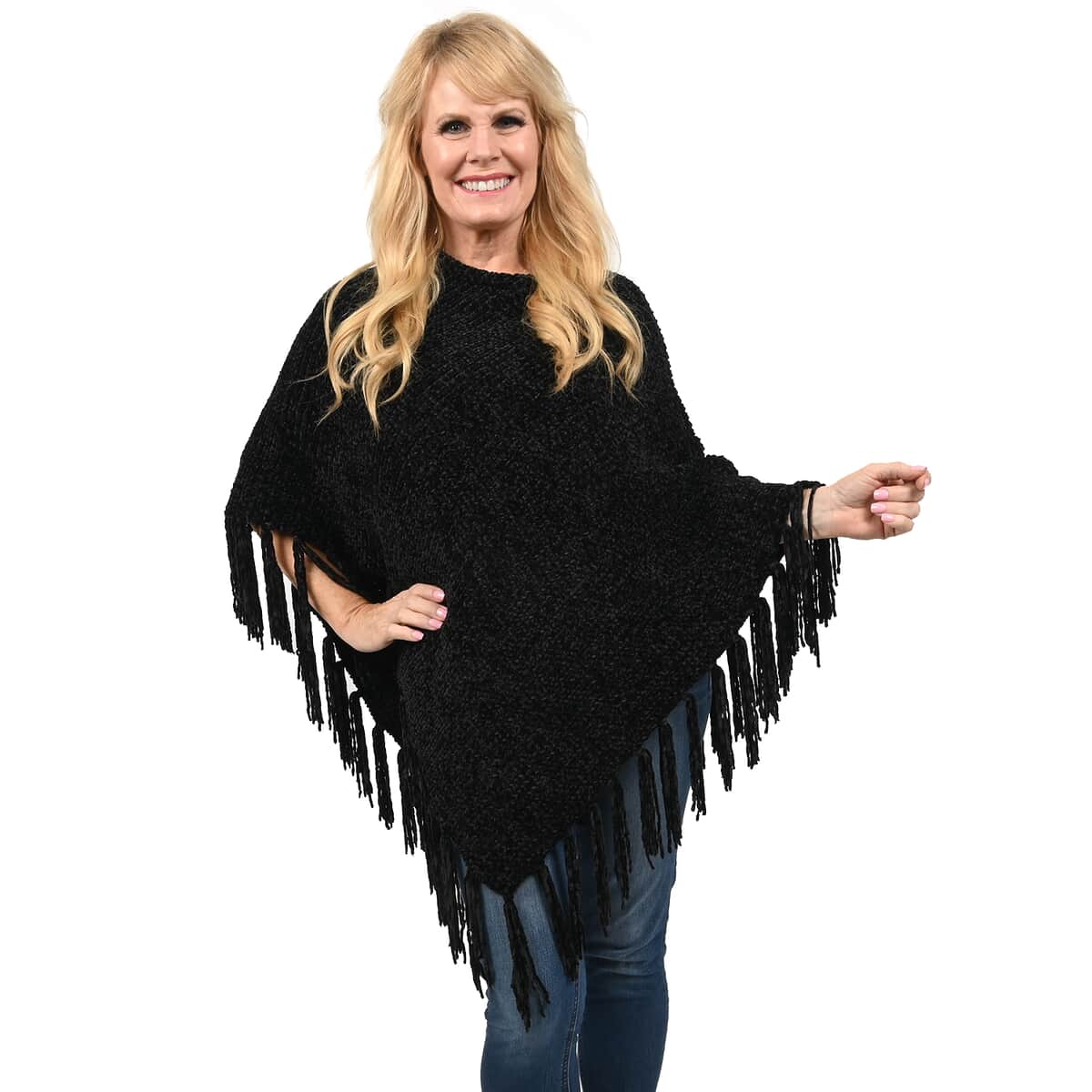 Designer Inspired Perfect Fall Winter Soft Chenille Poncho with Fringe Black- S/M image number 0