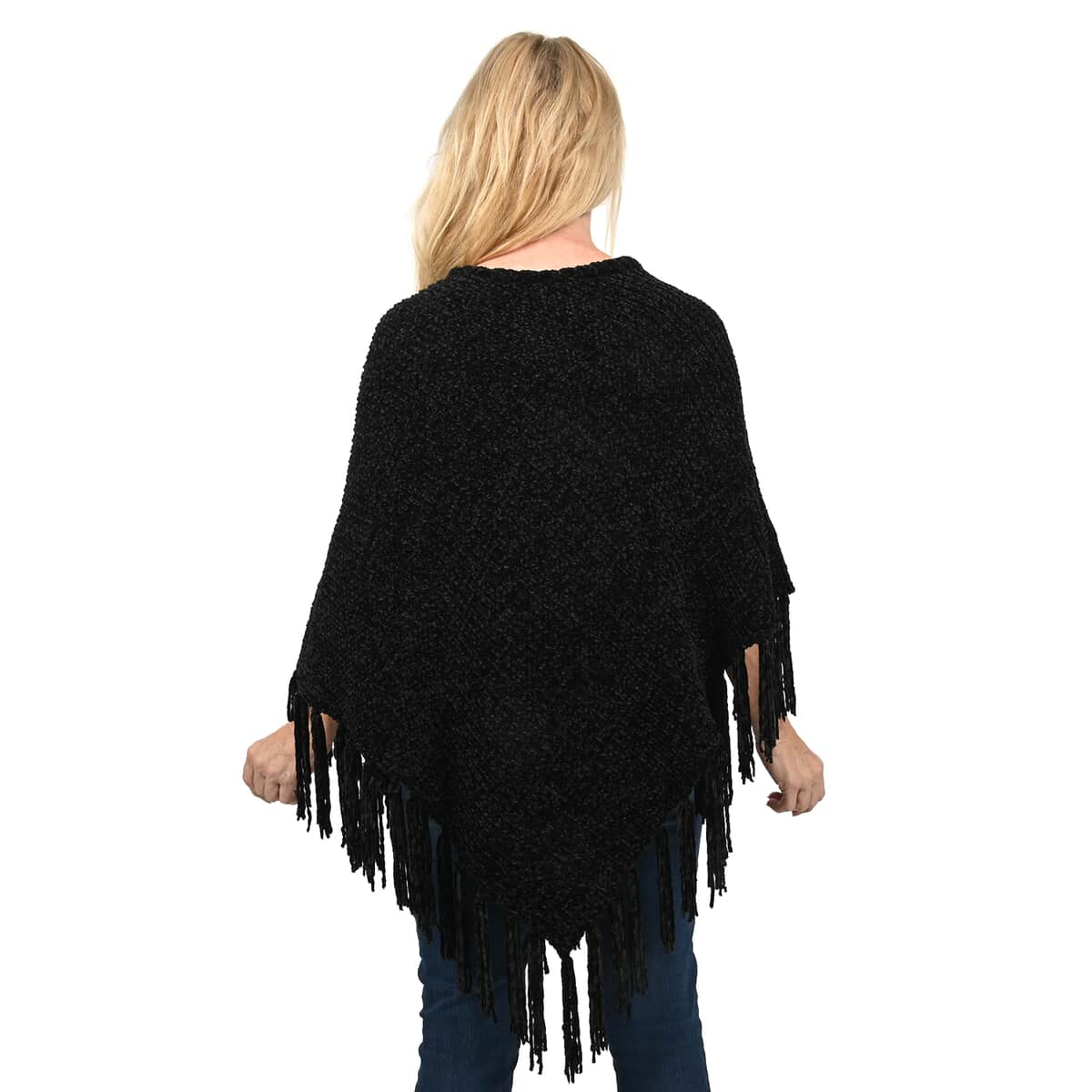Designer Inspired Perfect Fall Winter Soft Chenille Poncho with Fringe Black- S/M image number 1