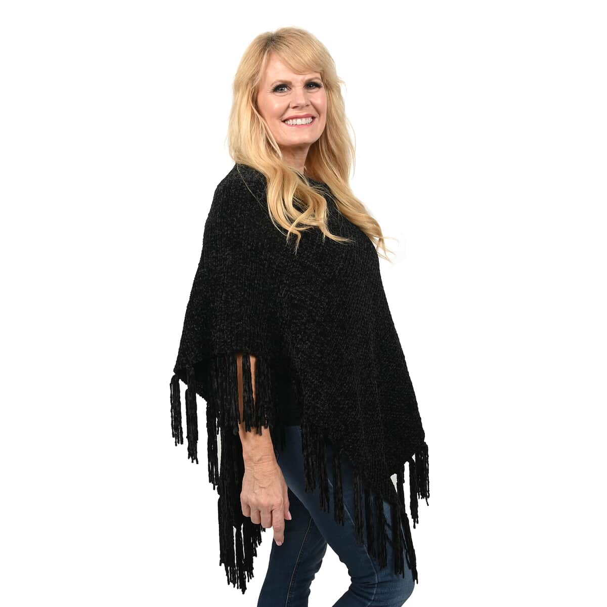 Designer Inspired Perfect Fall Winter Soft Chenille Poncho with Fringe Black- S/M image number 2