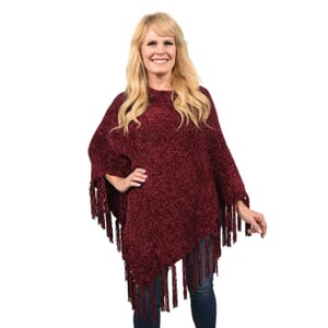 Designer Inspired Perfect Fall Winter Soft Chenille Poncho with Fringe Burgundy - S/M