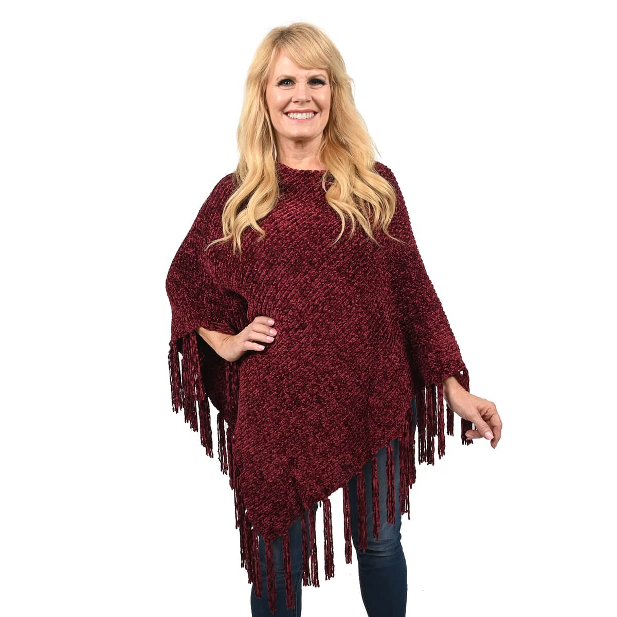 Designer Inspired Perfect Fall Winter Soft Chenille Poncho with Fringe Burgundy - S/M image number 0