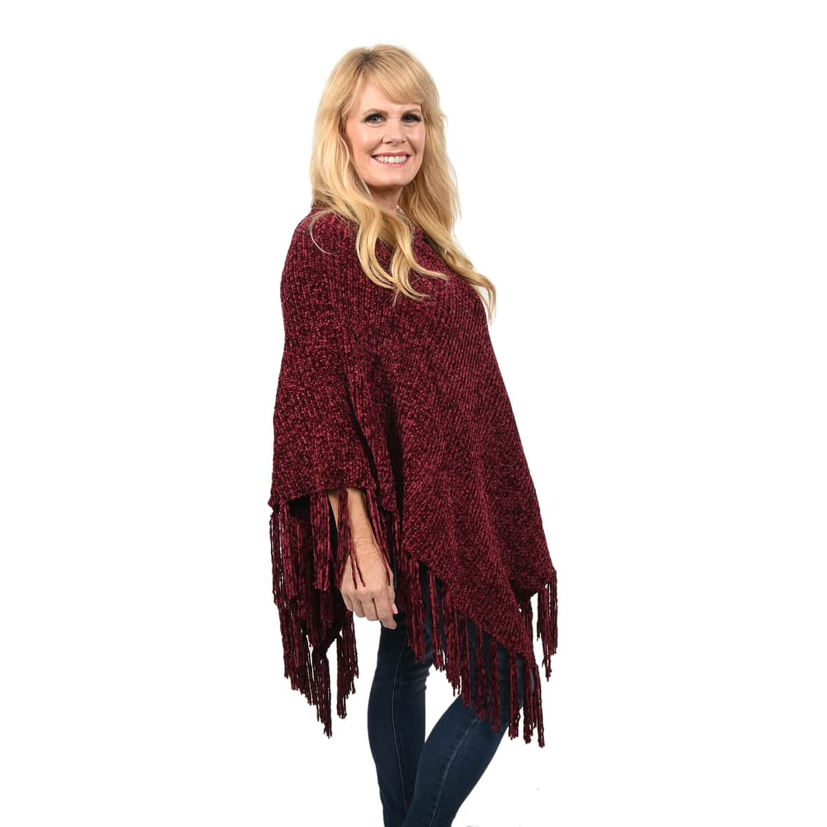 Designer Inspired Perfect Fall Winter Soft Chenille Poncho with Fringe Burgundy - S/M image number 2