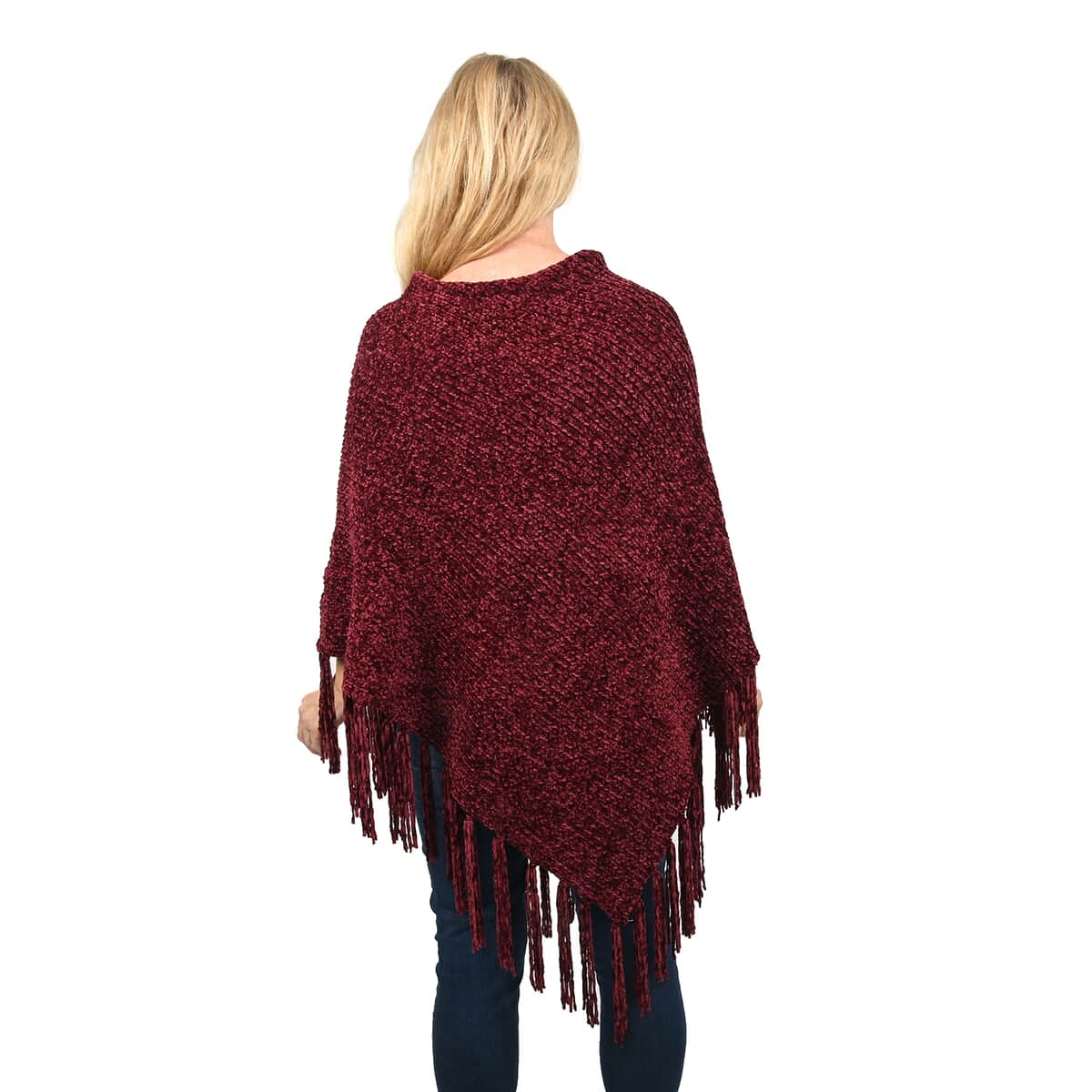 Designer Inspired Perfect Fall Winter Soft Chenille Poncho with Fringe Burgundy - L/XL image number 1