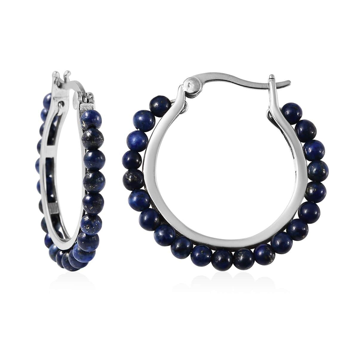 Lapis Lazuli Beaded Hoop Earrings in Stainless Steel 3.50 ctw image number 0