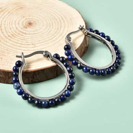 Lapis Lazuli Beaded Hoop Earrings in Stainless Steel 3.50 ctw image number 1