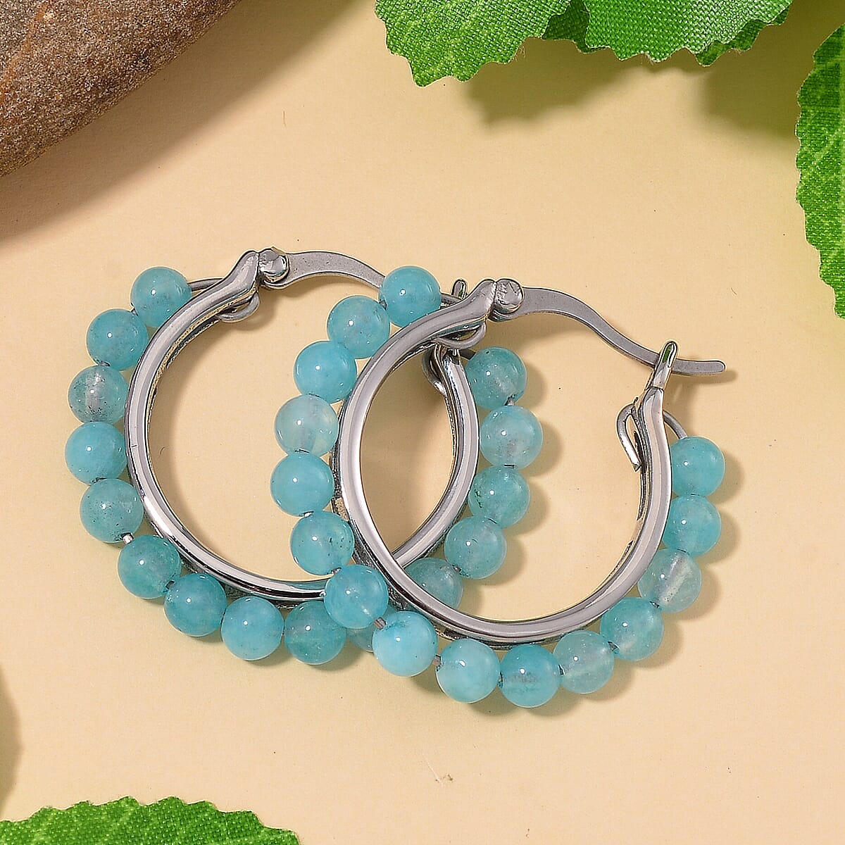 Amazonite 3.50 ctw Beaded Hoop Earrings in Stainless Steel image number 1