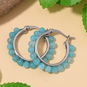 Amazonite 3.50 ctw Beaded Hoop Earrings in Stainless Steel