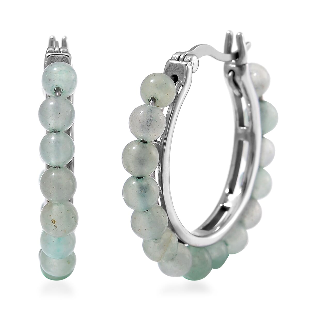 Green Aventurine Beaded Hoop Earrings in Stainless Steel 3.50 ctw image number 0