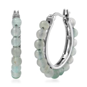 Green Aventurine Beaded Hoop Earrings in Stainless Steel 3.50 ctw