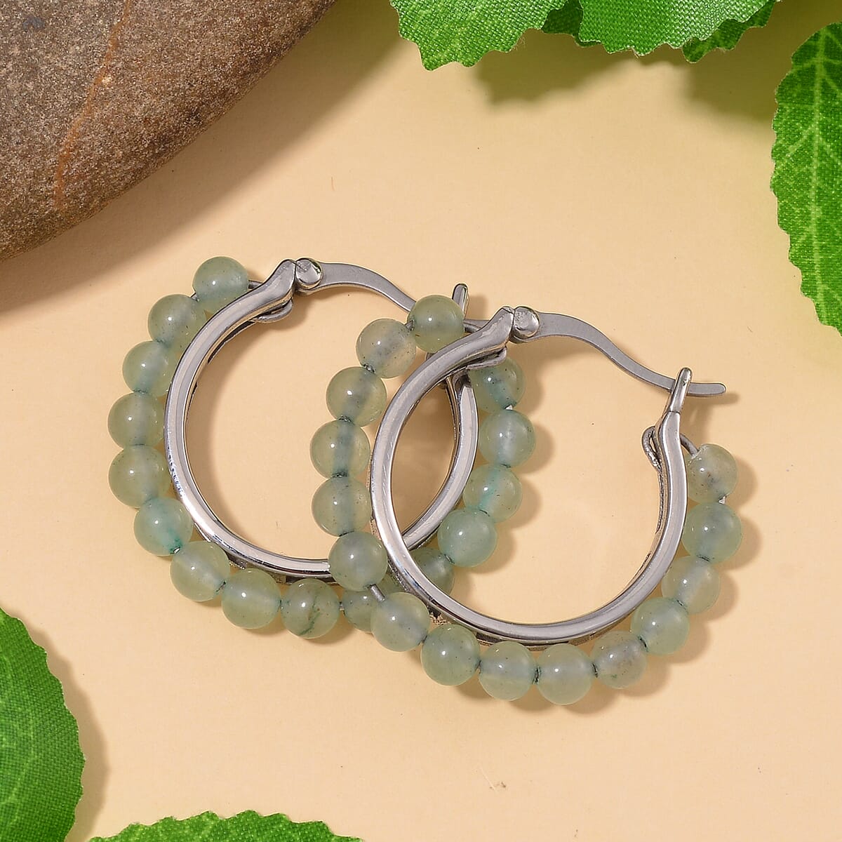 Green Aventurine Beaded Hoop Earrings in Stainless Steel 3.50 ctw image number 1