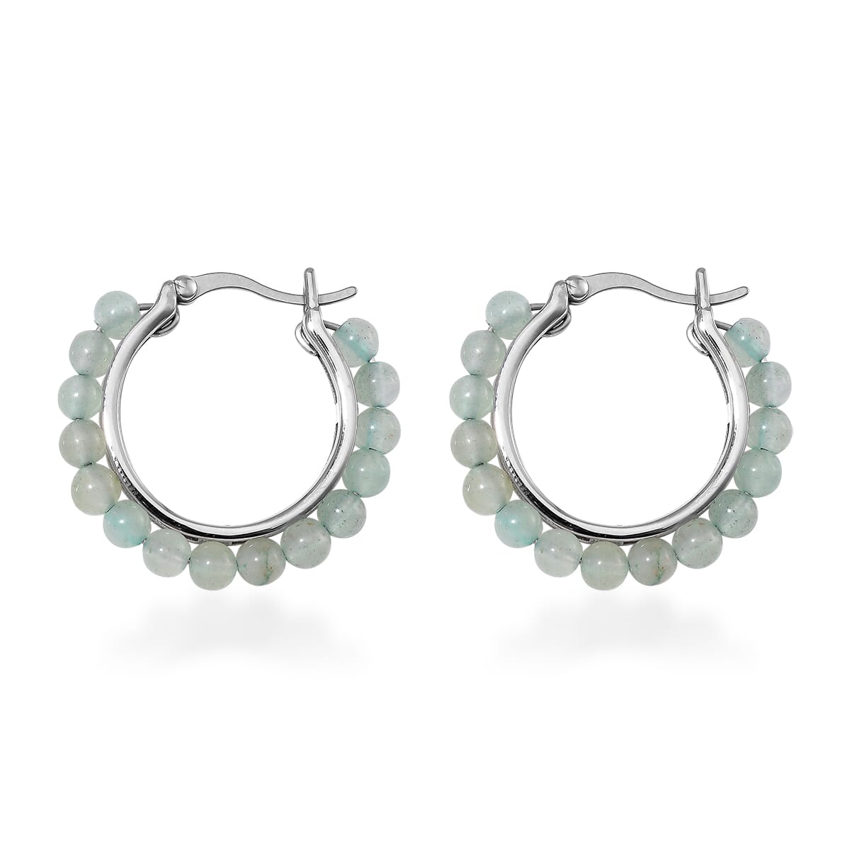 Green Aventurine Beaded Hoop Earrings in Stainless Steel 3.50 ctw image number 3