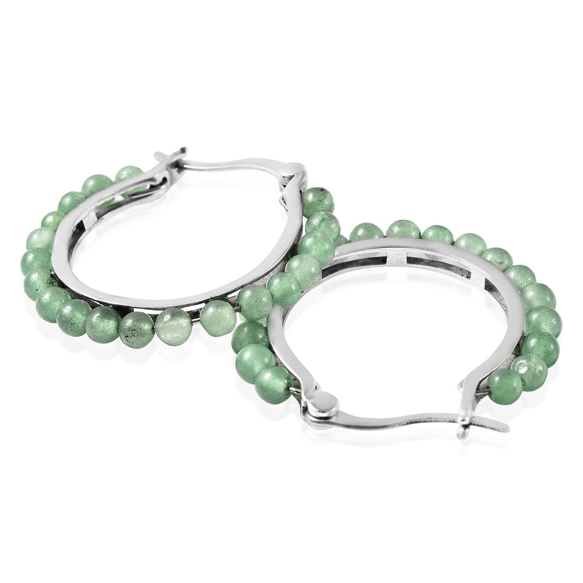 Green Aventurine Beaded Hoop Earrings in Stainless Steel 3.50 ctw image number 5