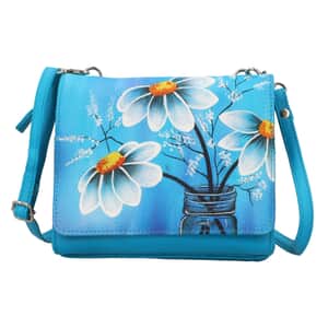 SUKRITI Blue Floral Theme Genuine Leather Ladies Crossbody Bag